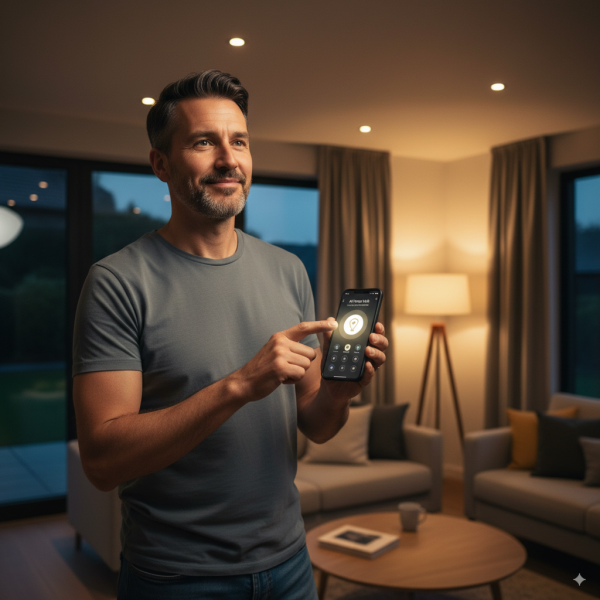 Homem ligando as luzes da casa com celular